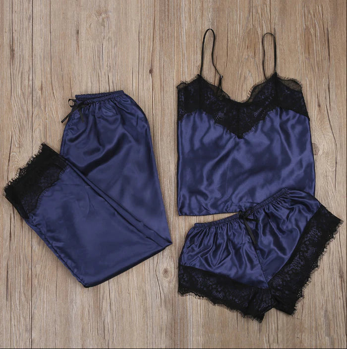 SATIN BLUE 3 PIECE PAJAMA NIGHT SUIT