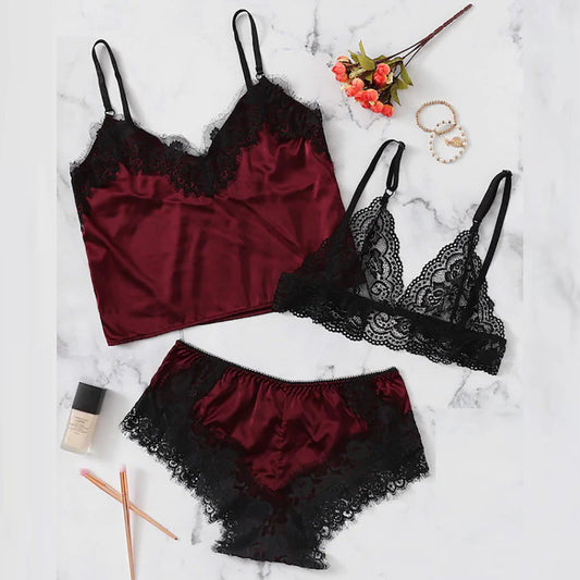 MAROON LACED SHORTS 3 PIECE NIGHT SUIT