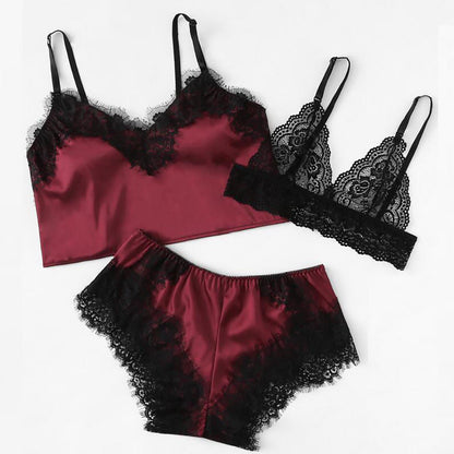 MAROON LACED SHORTS 3 PIECE NIGHT SUIT