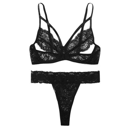 BLACK LACE THONG LINGERIE SET