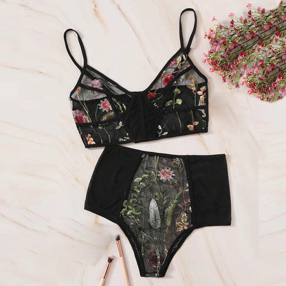 BLACK  FLORAL EMBROIDERED LACE LINGERIE SET