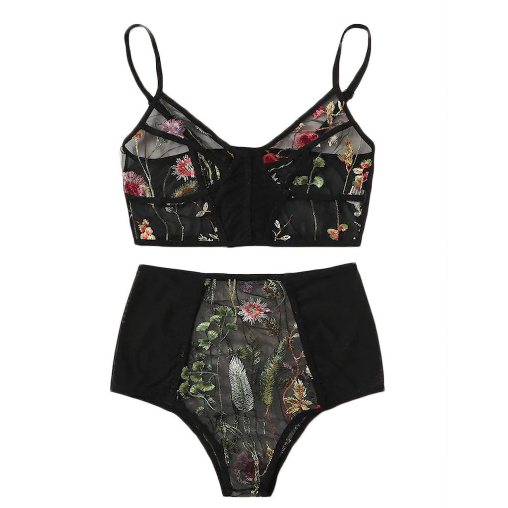 BLACK  FLORAL EMBROIDERED LACE LINGERIE SET