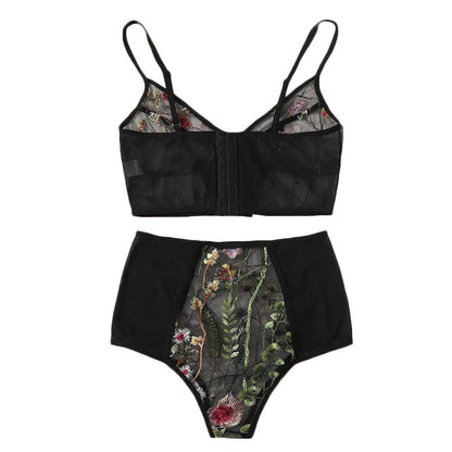 BLACK  FLORAL EMBROIDERED LACE LINGERIE SET