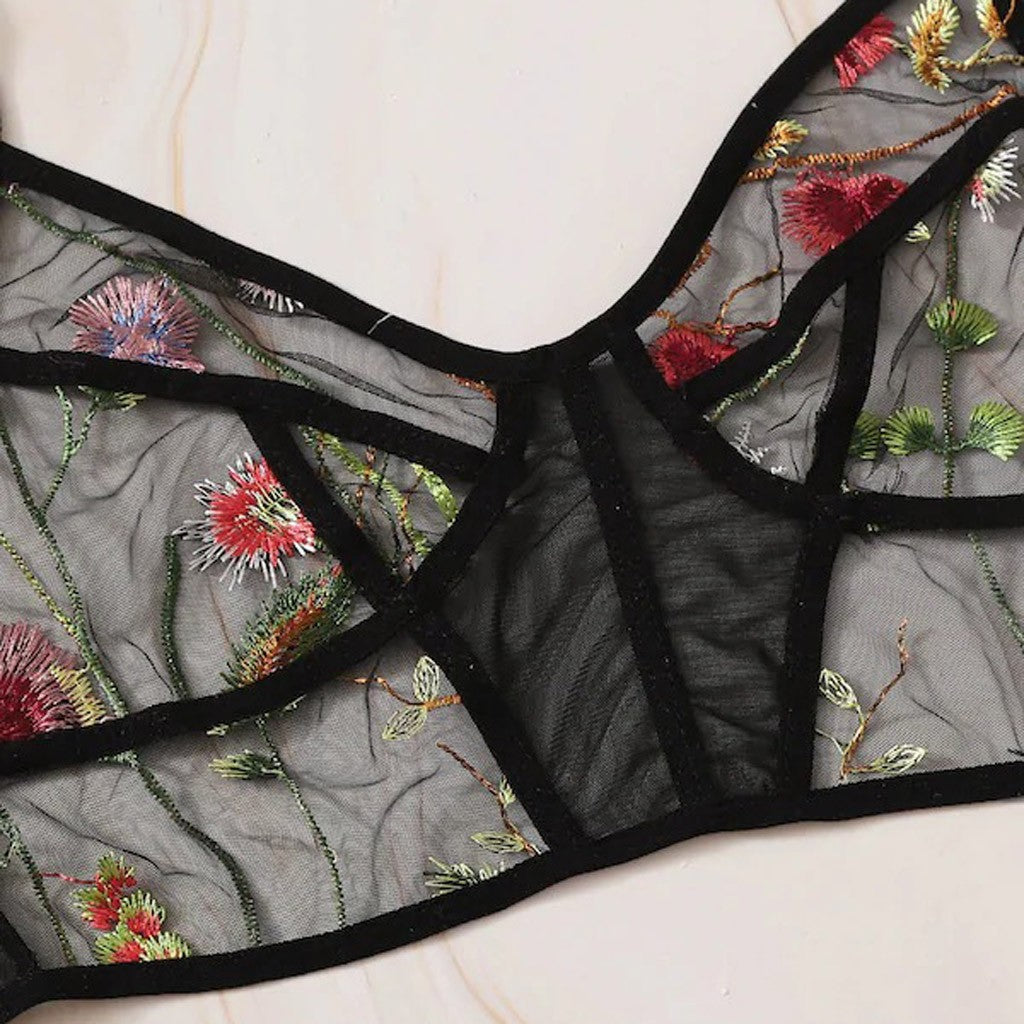 BLACK  FLORAL EMBROIDERED LACE LINGERIE SET