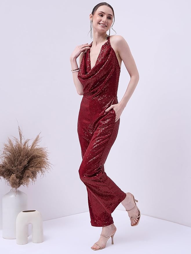 MAROON SEQUIN COWL NECK JUMPSUIT