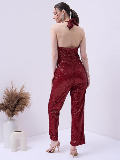 MAROON SEQUIN COWL NECK JUMPSUIT