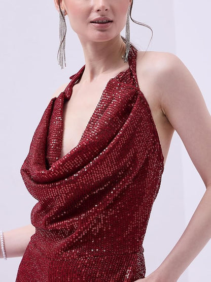 MAROON SEQUIN COWL NECK JUMPSUIT