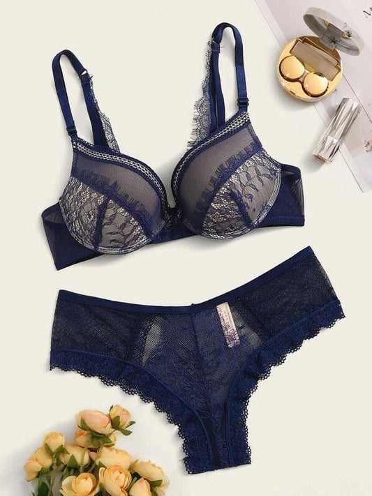 NAVY BLUE EYELASH LACE LINGERIE SET