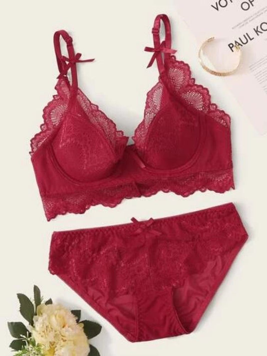 RED FLORAL LACE UNDERWIRED LINGERIE SET