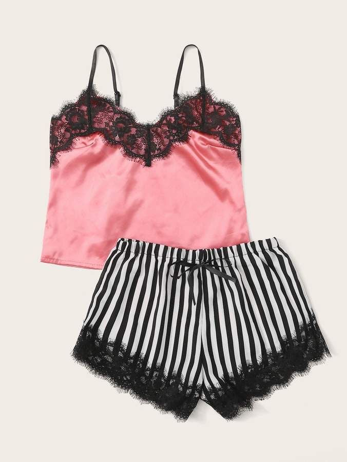 PINK LACED STRIPE SHORTS NIGHT SUIT