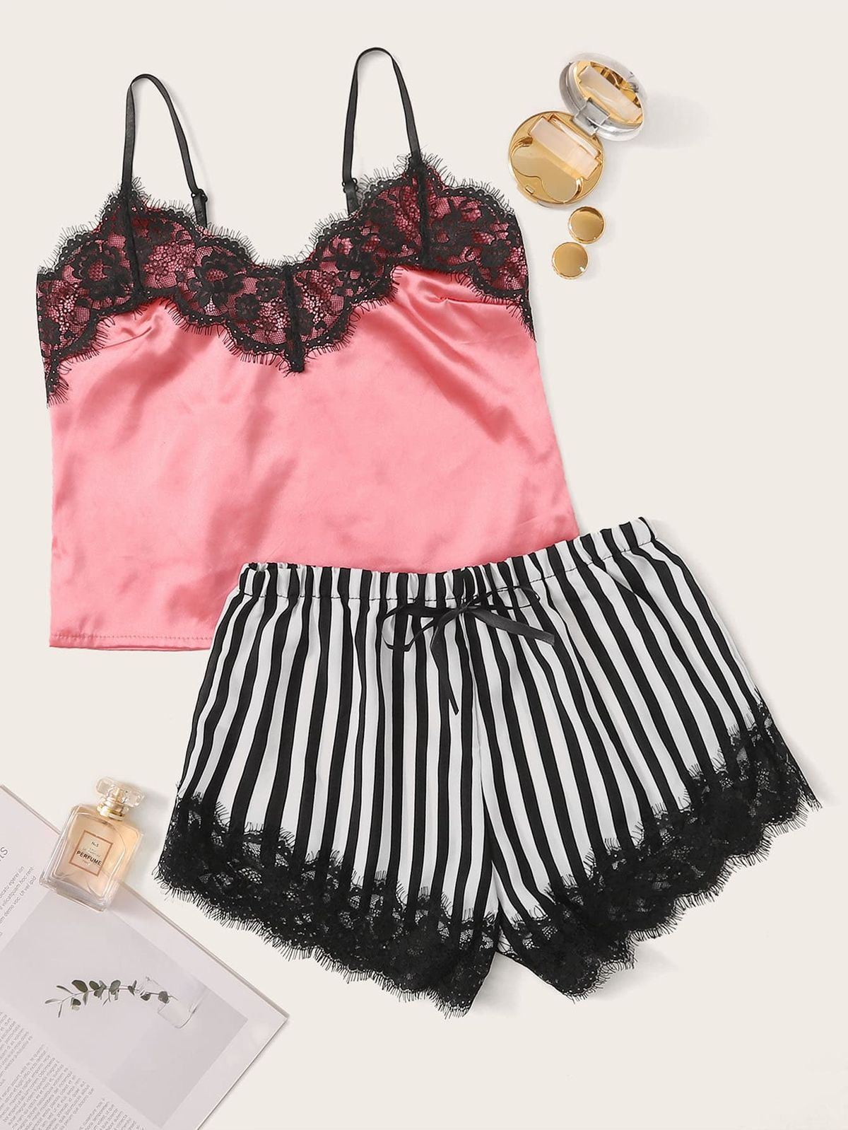 PINK LACED STRIPE SHORTS NIGHT SUIT