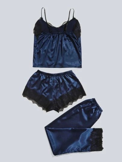 SATIN BLUE 3 PIECE PAJAMA NIGHT SUIT