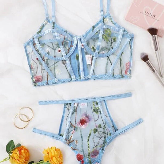 LIGHT BLUE SHEER EMBROIDERY SET