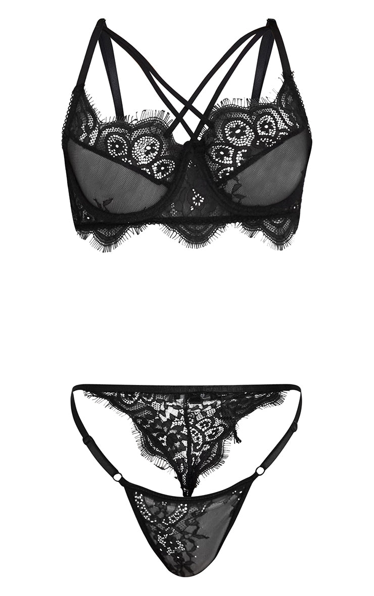 BLACK CROSS STRAPY HARNESS LACE SET