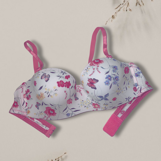 SEAMLESS FLORAL PRINTED PUSH UP BRA (WHITE)