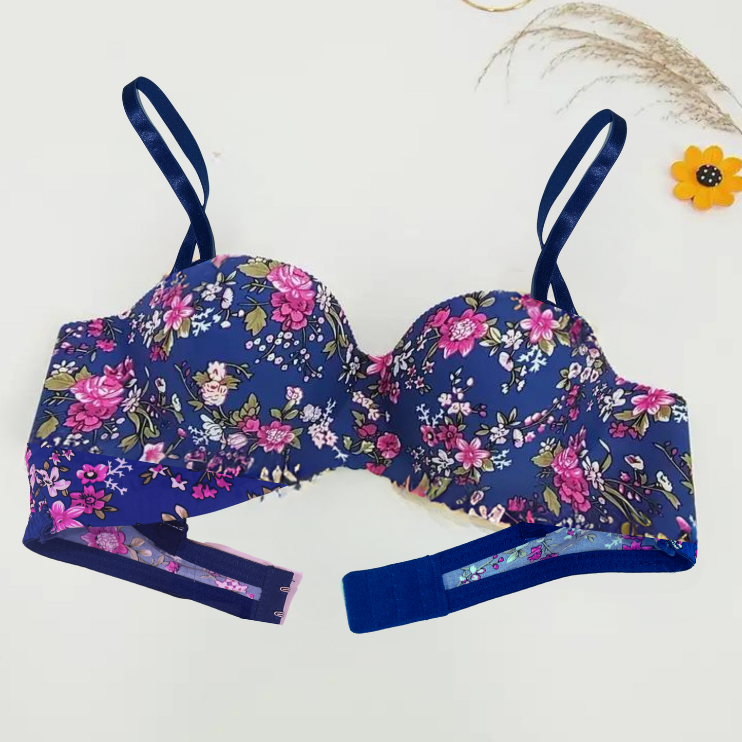 SEAMLESS FLORAL PRINTED PUSH UP BRA (BLUE)