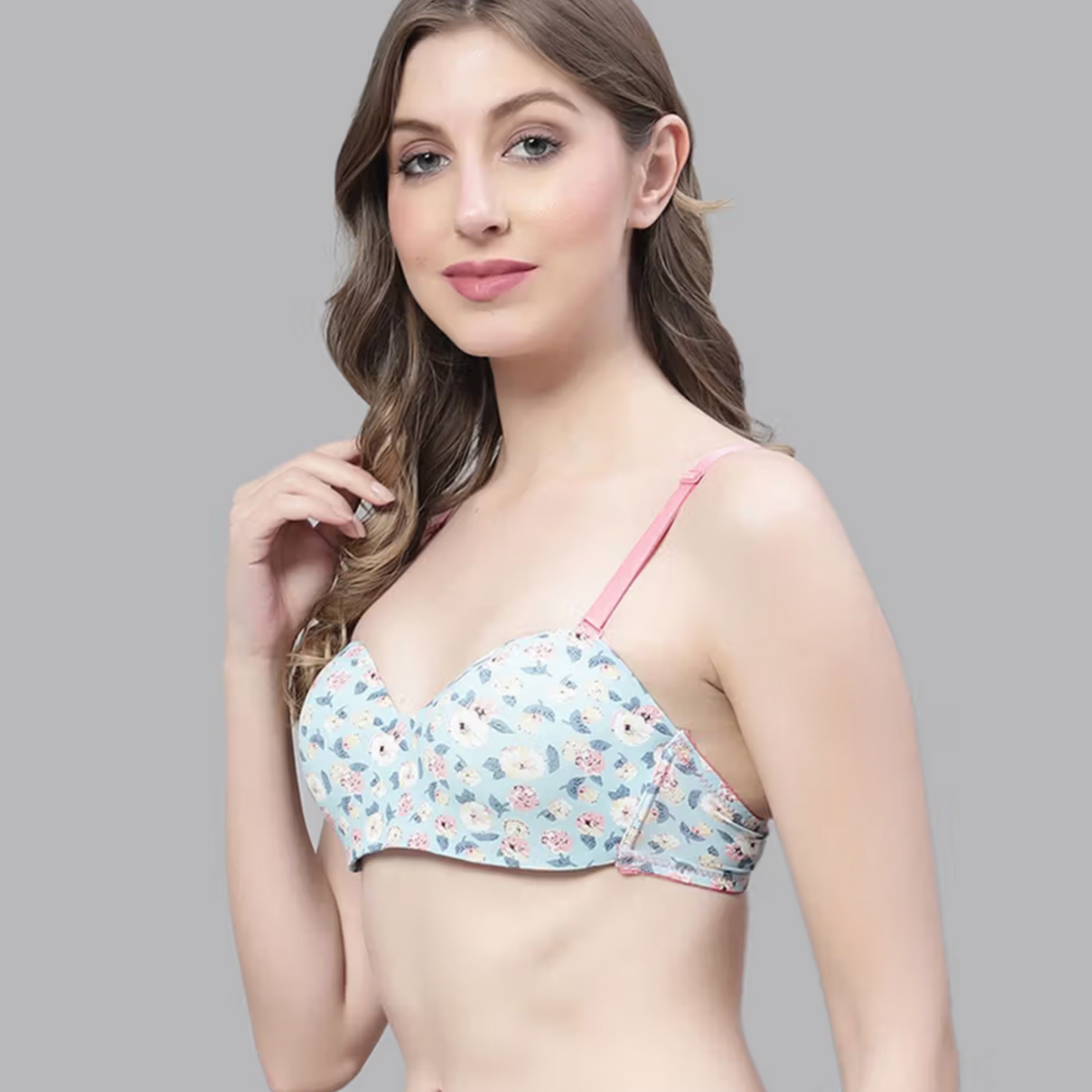 SEAMLESS FLORAL PRINTED PUSH UP BRA (LIGHT BLUE)