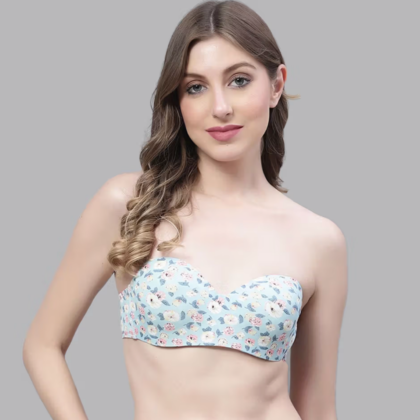 SEAMLESS FLORAL PRINTED PUSH UP BRA (LIGHT BLUE)